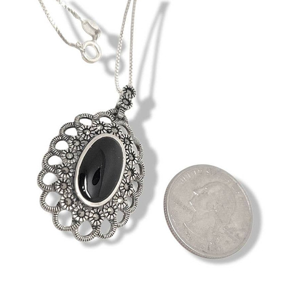 Vintage Oval Onyx Sterling Silver 925 Marcisite Elizabethian Style Pendant 18" - Picture 2 of 6